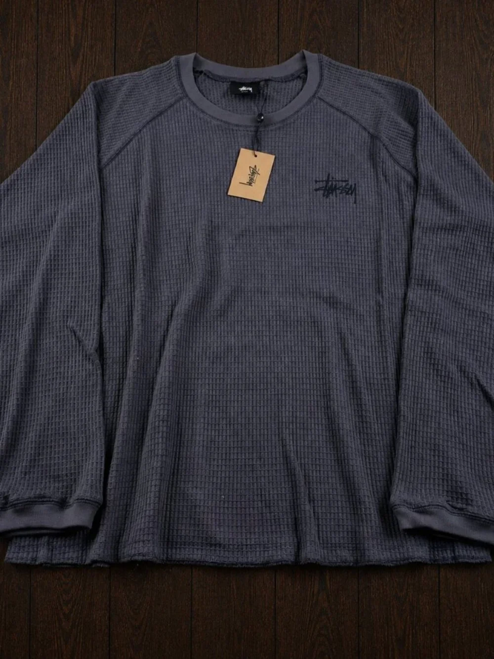 Stüssy Waffle Knit Thermal Crewneck Long Sleeve Shirt Charcoal Gray XL - Picture 1 of 4